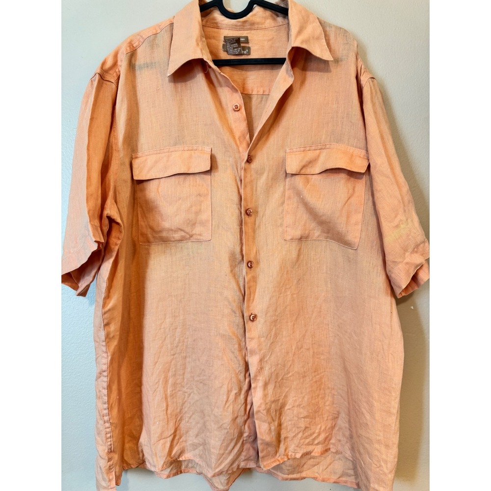 Bruno Mens XL Peach Washable Linen Short Sleeve Button Down Shirt Pockets